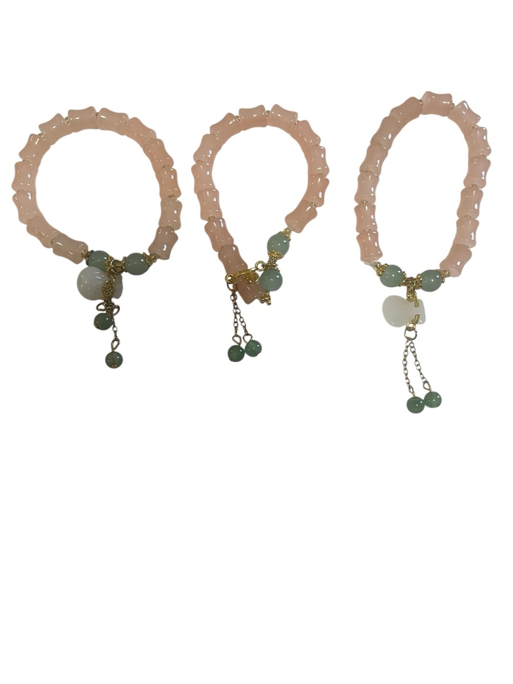 Pink Beaded Charm Bracelet with Green Accents Set of 3
